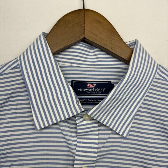 Vineyard Vines Shirt Mens large Blue White Slim Cooper Stretch Whale preppy Frat - Picture 1 of 12